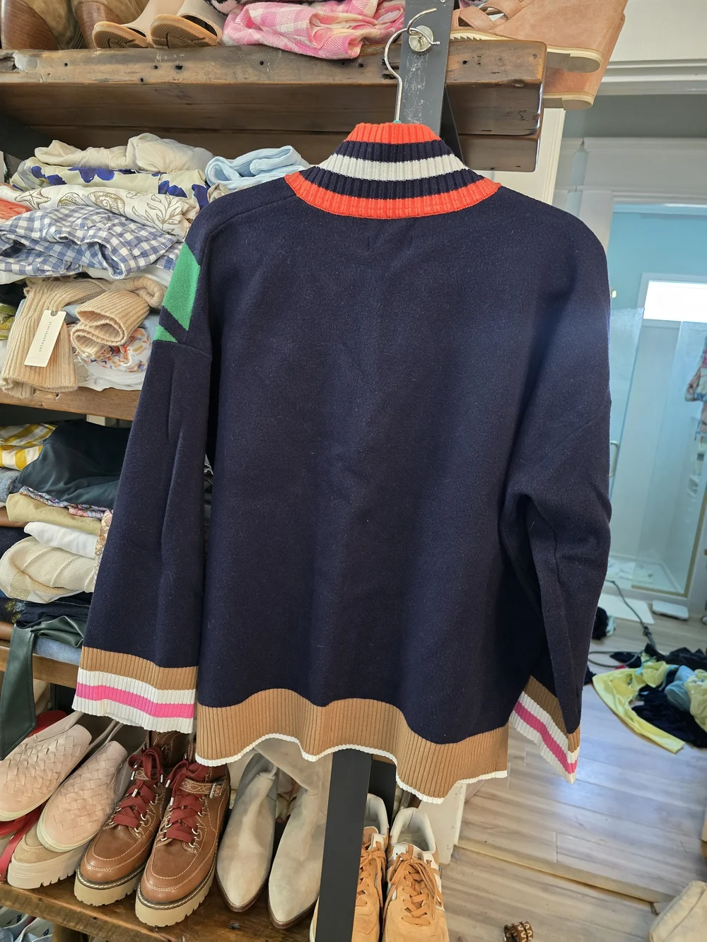 Anthropologie Navy Zip-Up Sweater with Green Chevron - Picture 4 of 4